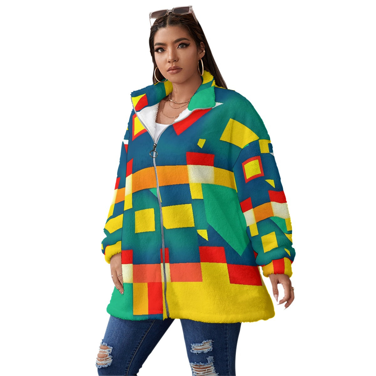 All-Over Print Unisex Borg Fleece Stand-up Collar Coat With Zipper Closure(Plus Size)