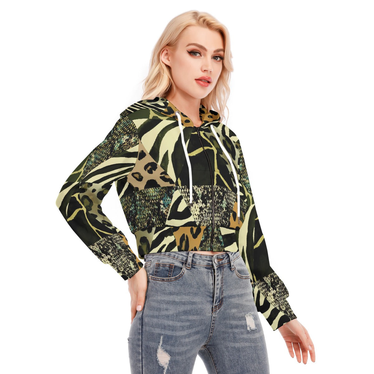 All-Over Print Women's Crop Top Hoodie With Zipper Closure