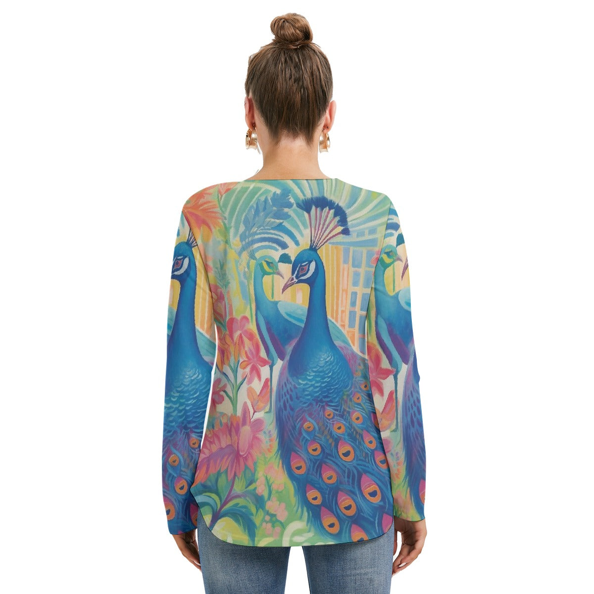 All-Over Print Women's Long Sleeve Neckline Tie Sweatshirt