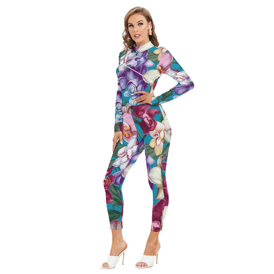 All-Over Print Women's Long-sleeved High-neck Jumpsuit With Zipper