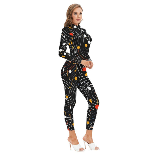 All-Over Print Women's Long-sleeved High-neck Jumpsuit With Zipper