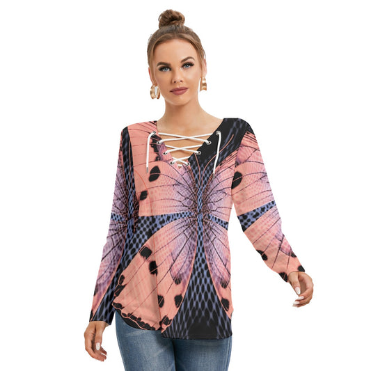 All-Over Print Women's Long Sleeve Neckline Tie Sweatshirt