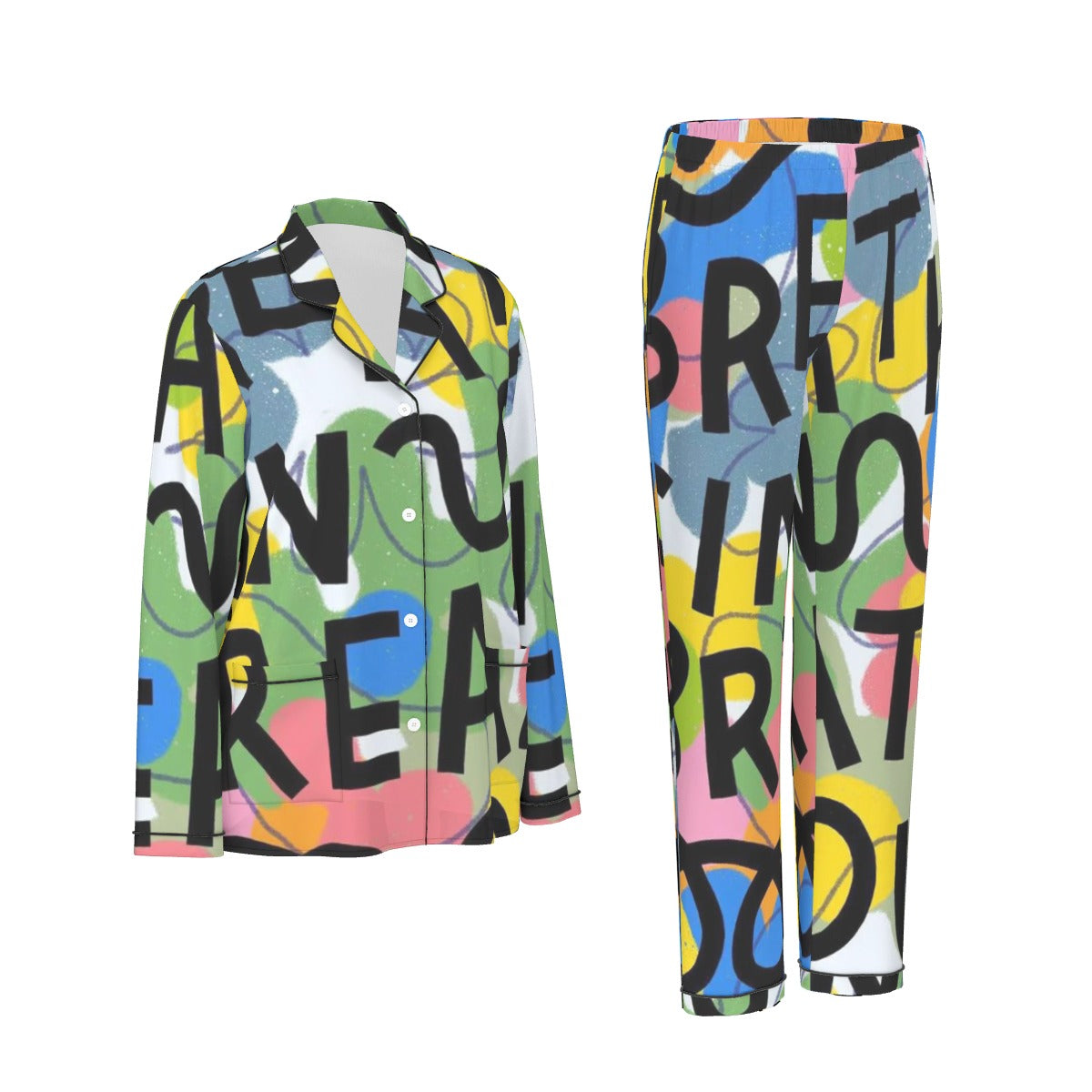 All-Over Print Women's Long Sleeve Pajama Set With Black Contrast Piping