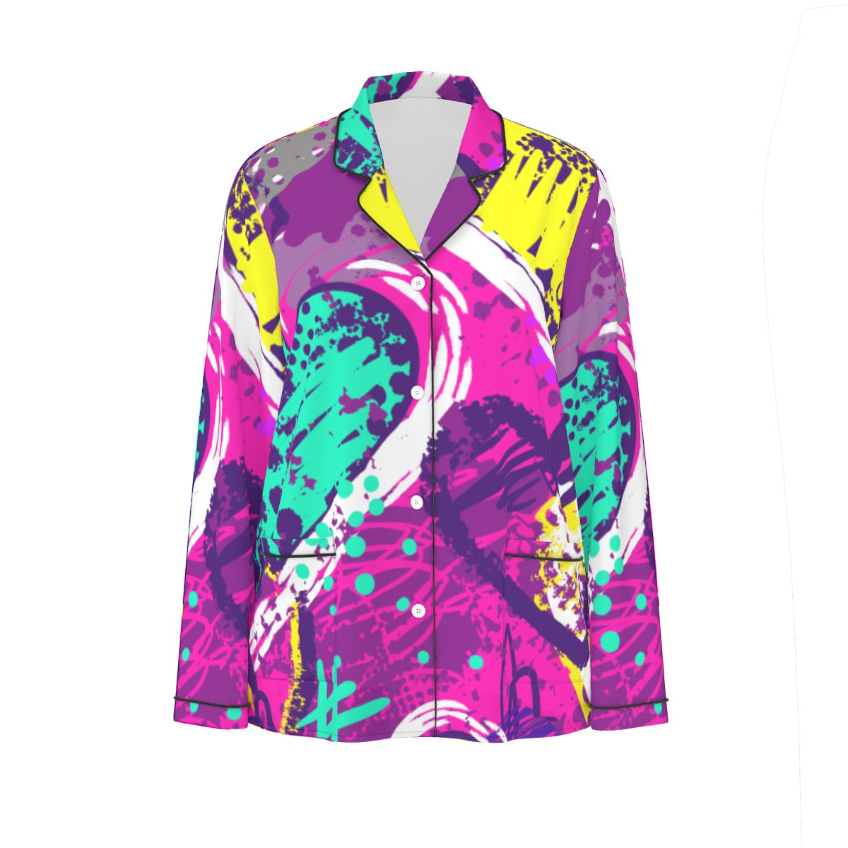 All-Over Print Women's Long Sleeve Pajama Set With Black Contrast Piping