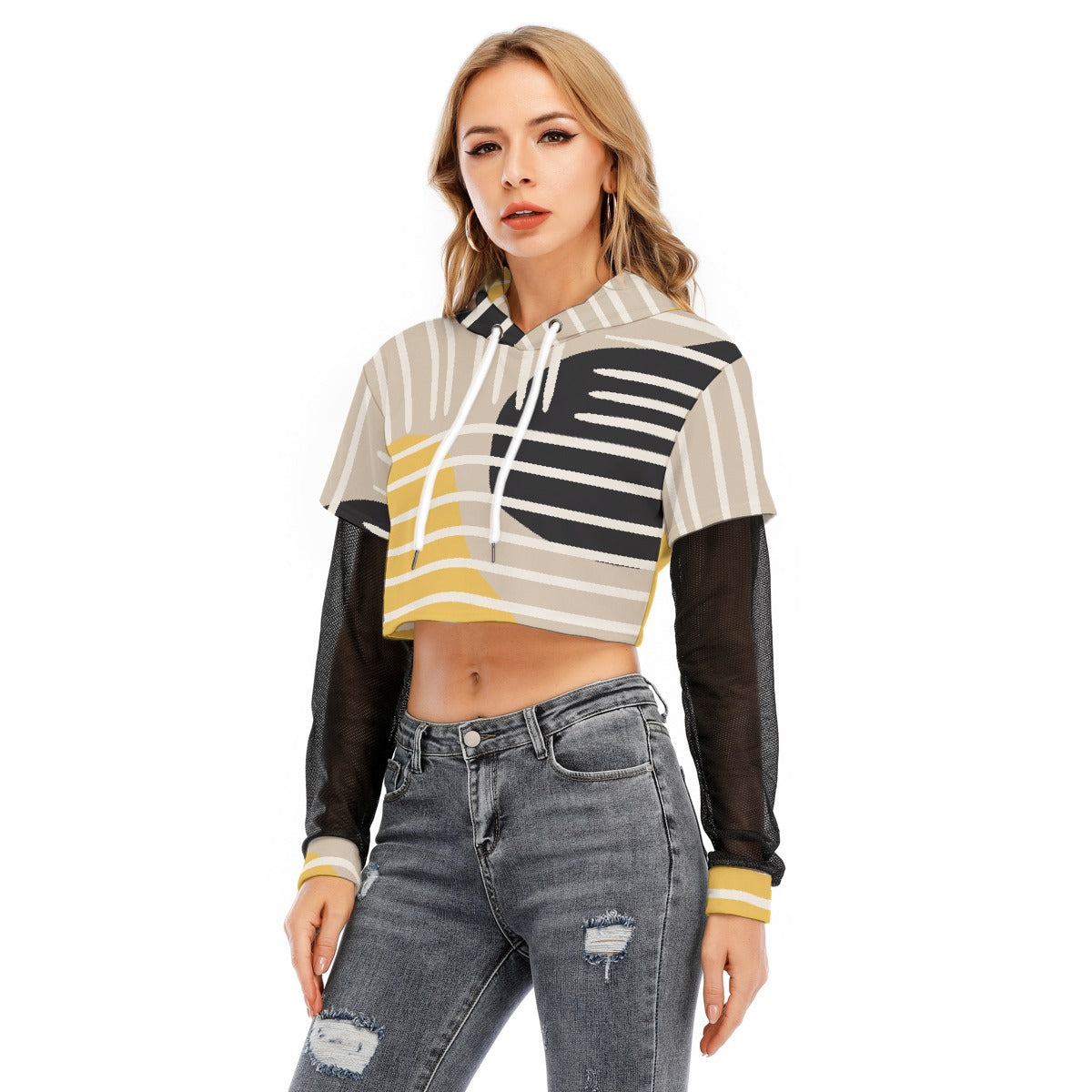 All-Over Print Women's Fake Two-piece Mesh Sleeve Cropped Hoodie