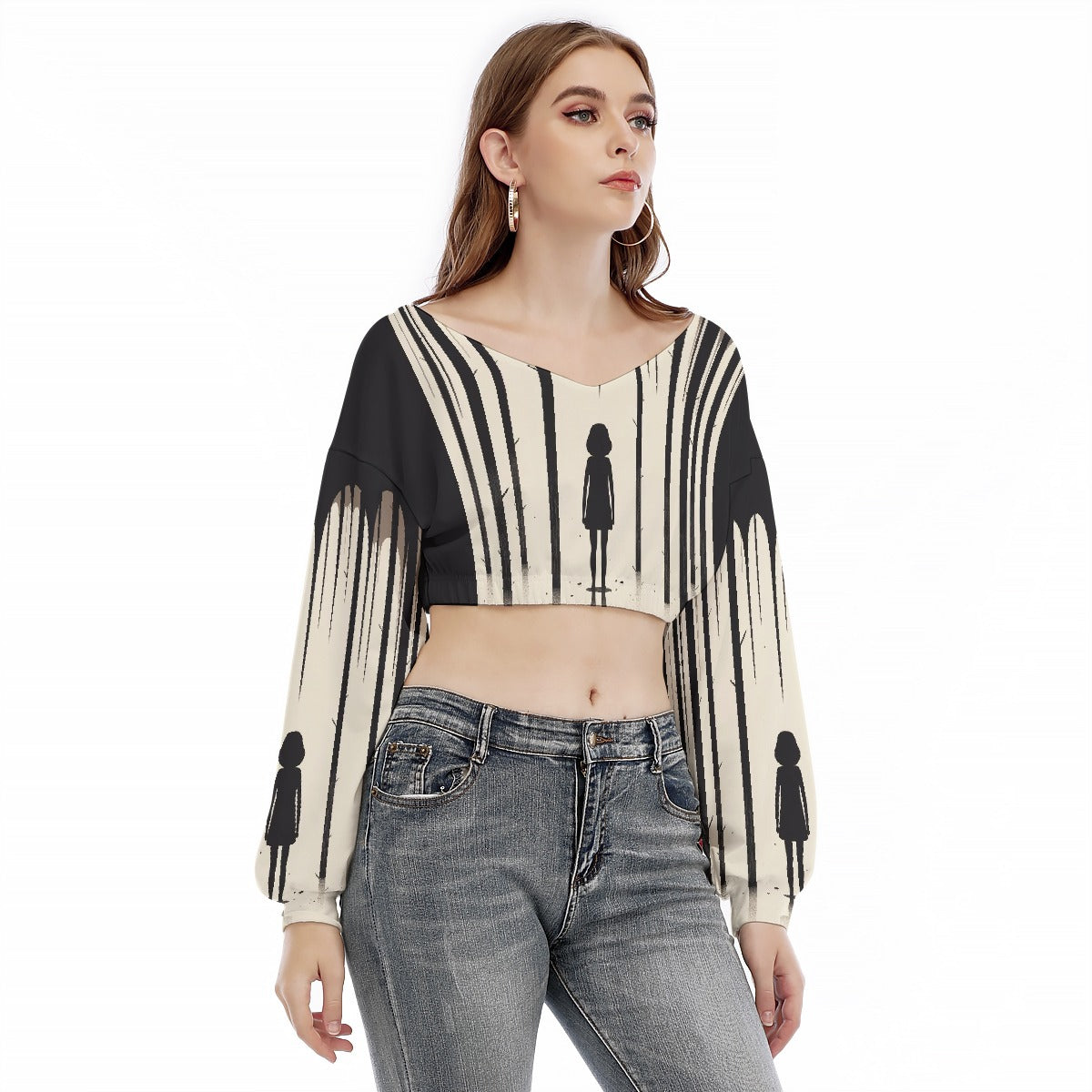 All-Over Print Women's V-neck Long Sleeve Cropped Sweatshirt