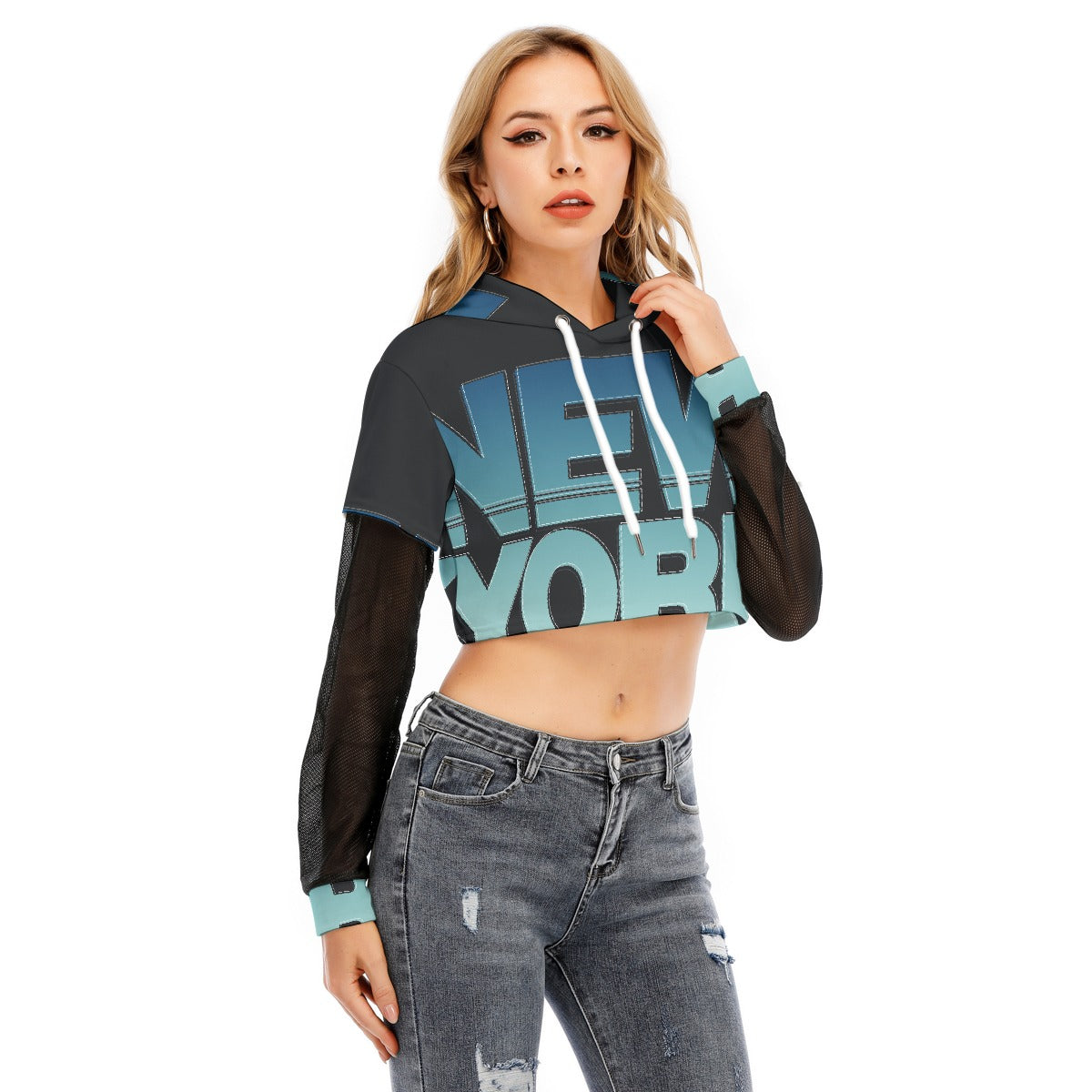 All-Over Print Women's Fake Two-piece Mesh Sleeve Cropped Hoodie