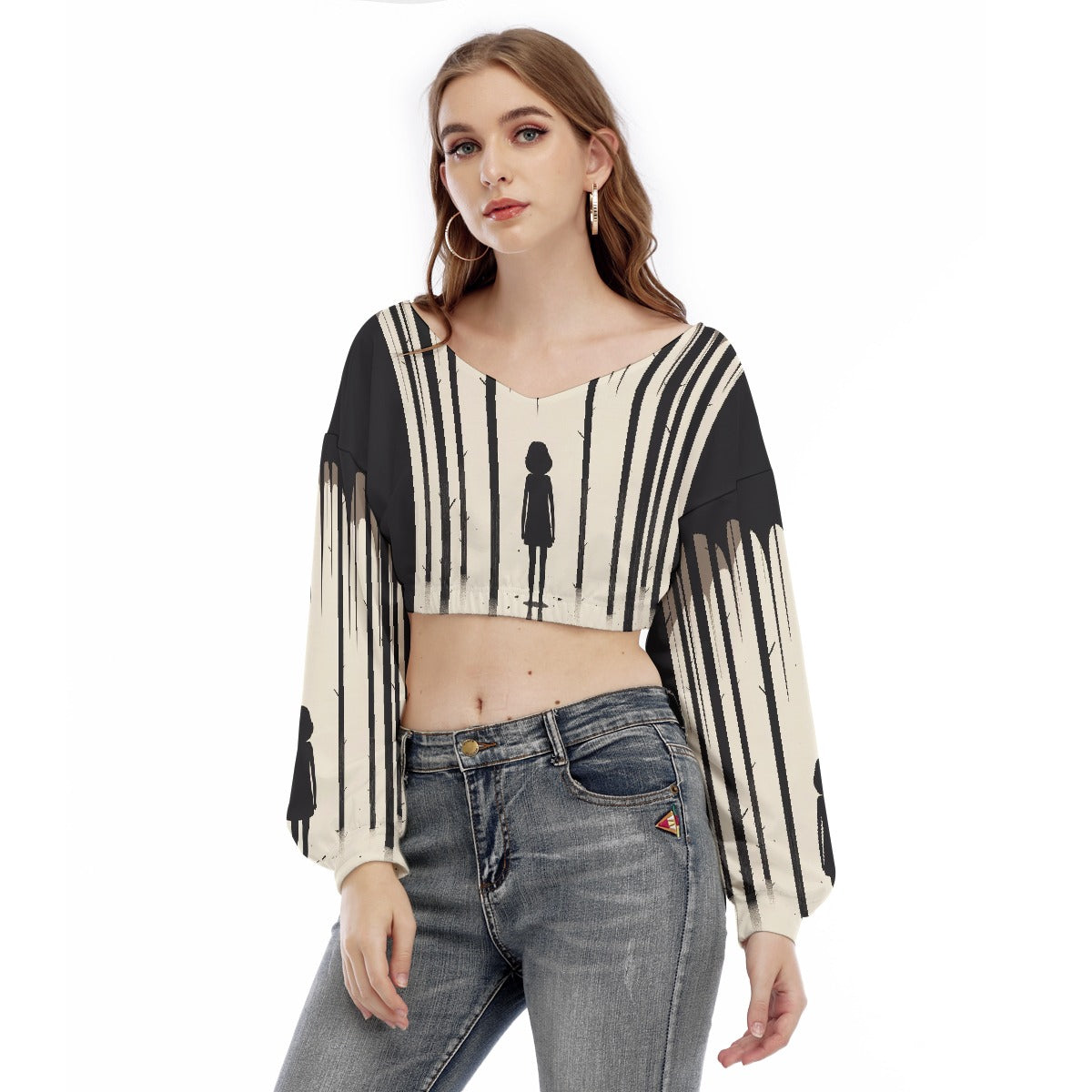 All-Over Print Women's V-neck Long Sleeve Cropped Sweatshirt