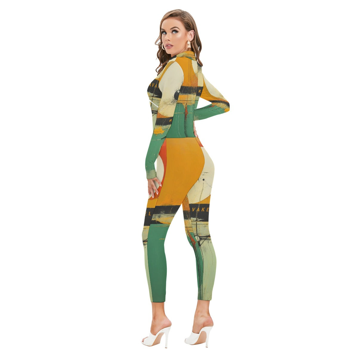 All-Over Print Women's Long-sleeved High-neck Jumpsuit With Zipper