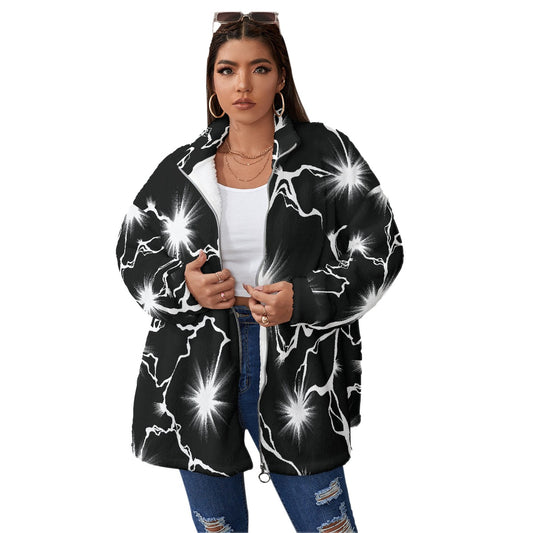 All-Over Print Unisex Borg Fleece Stand-up Collar Coat With Zipper Closure(Plus Size)