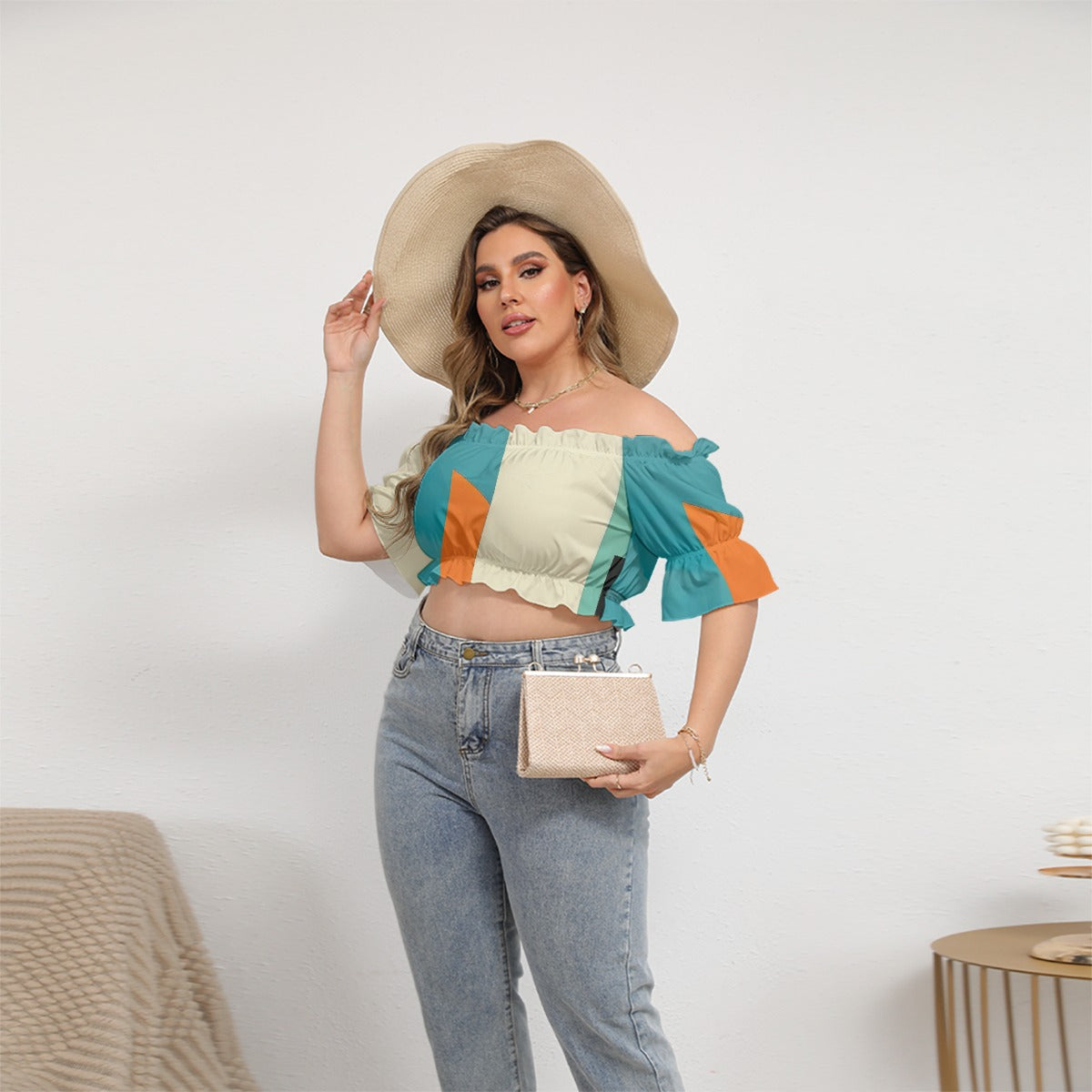 All-Over Print Women's Off-shoulder Cropped Top With Short Puff Sleeve