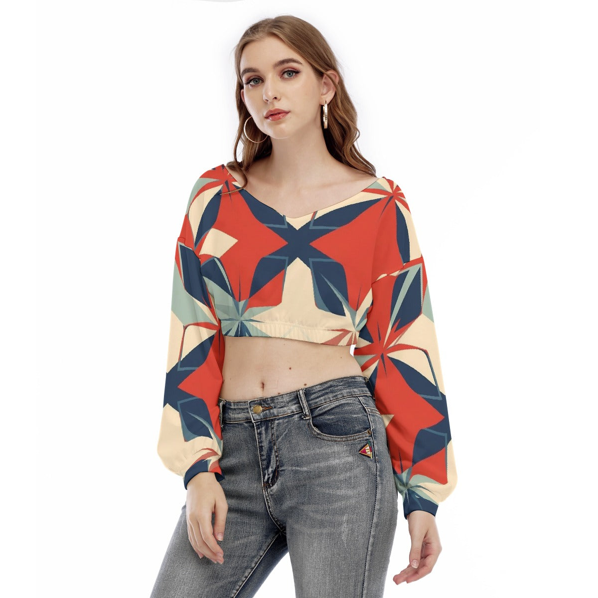 All-Over Print Women's V-neck Long Sleeve Cropped Sweatshirt