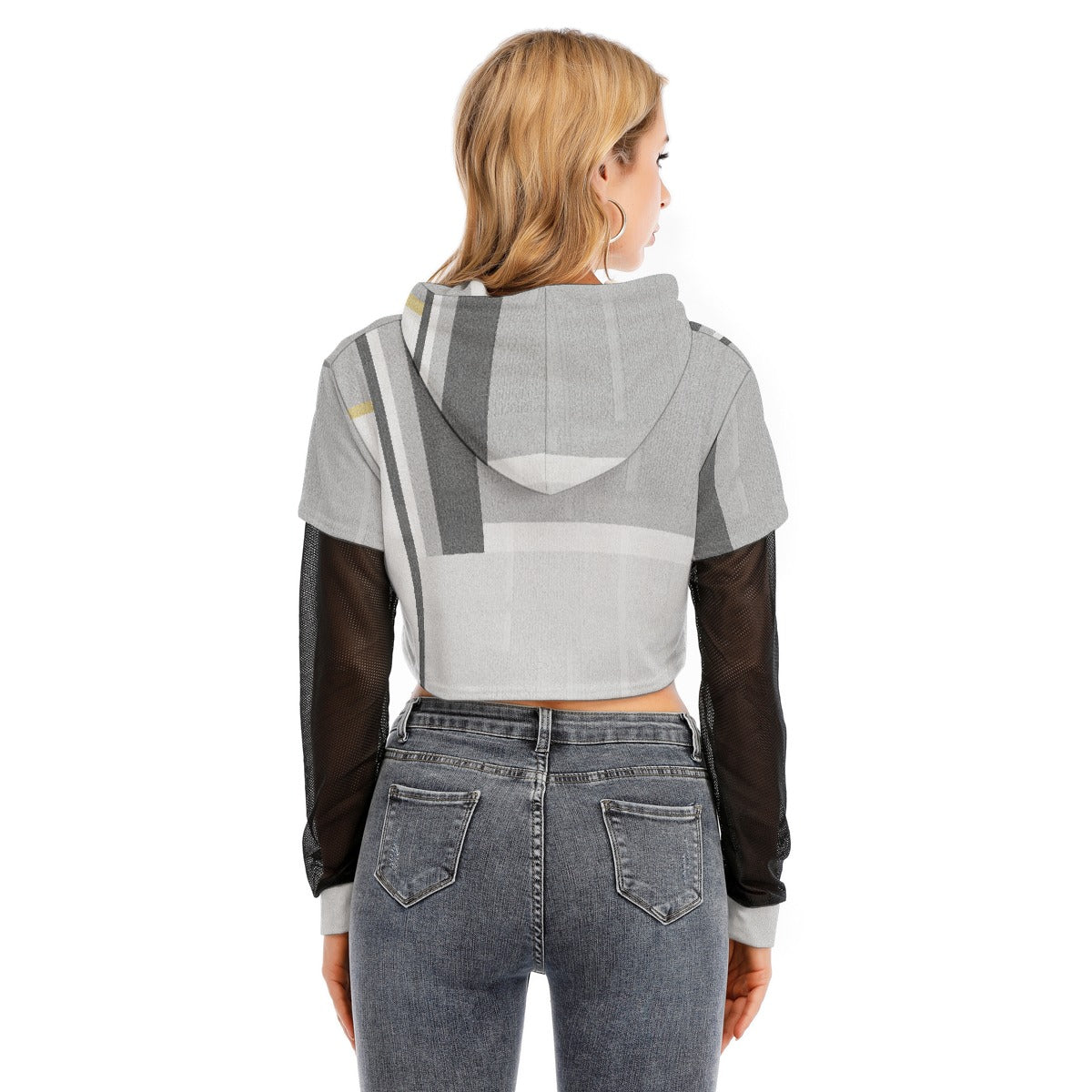 All-Over Print Women's Fake Two-piece Mesh Sleeve Cropped Hoodie