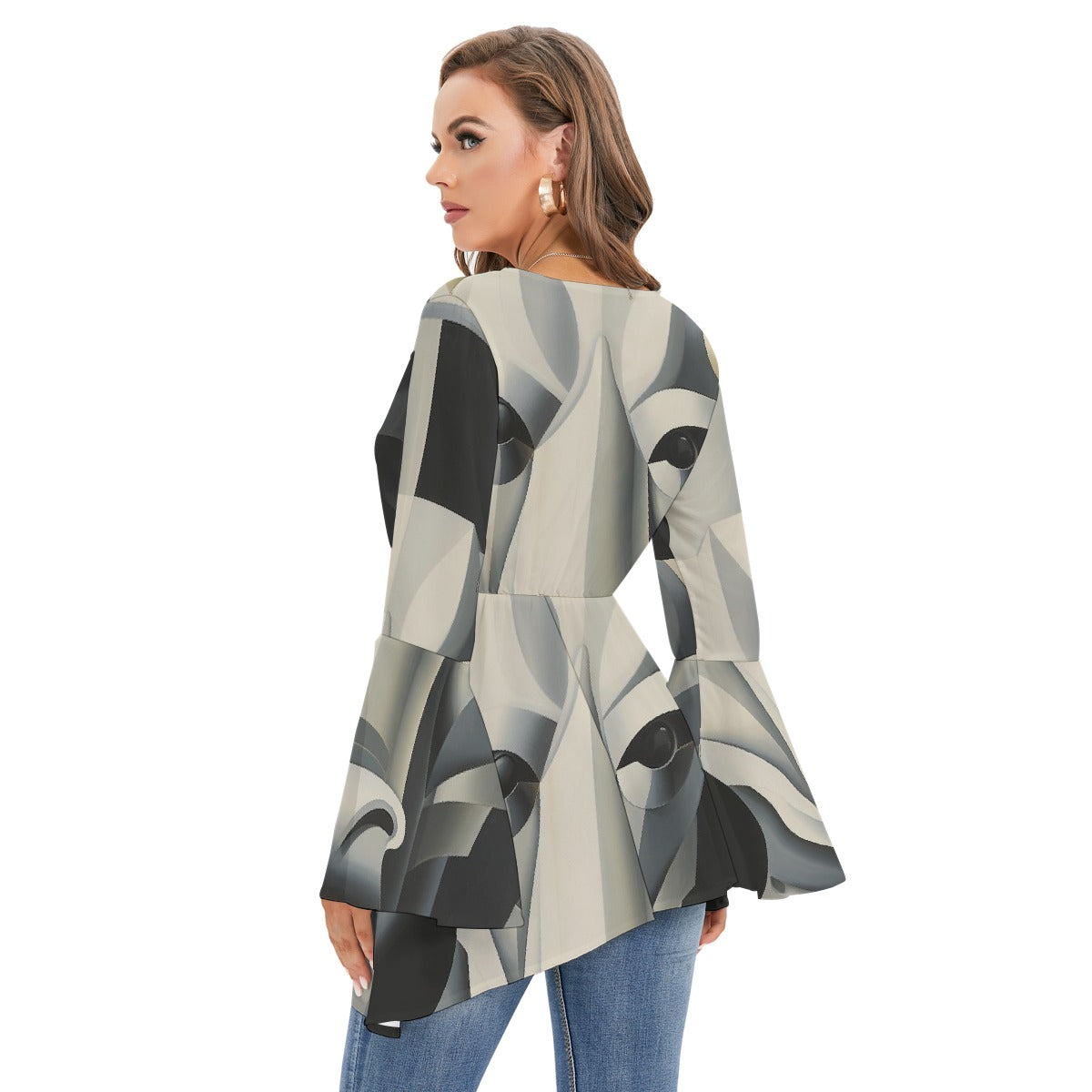 All-Over Print Women's V-neck Blouse With Flared Sleeves