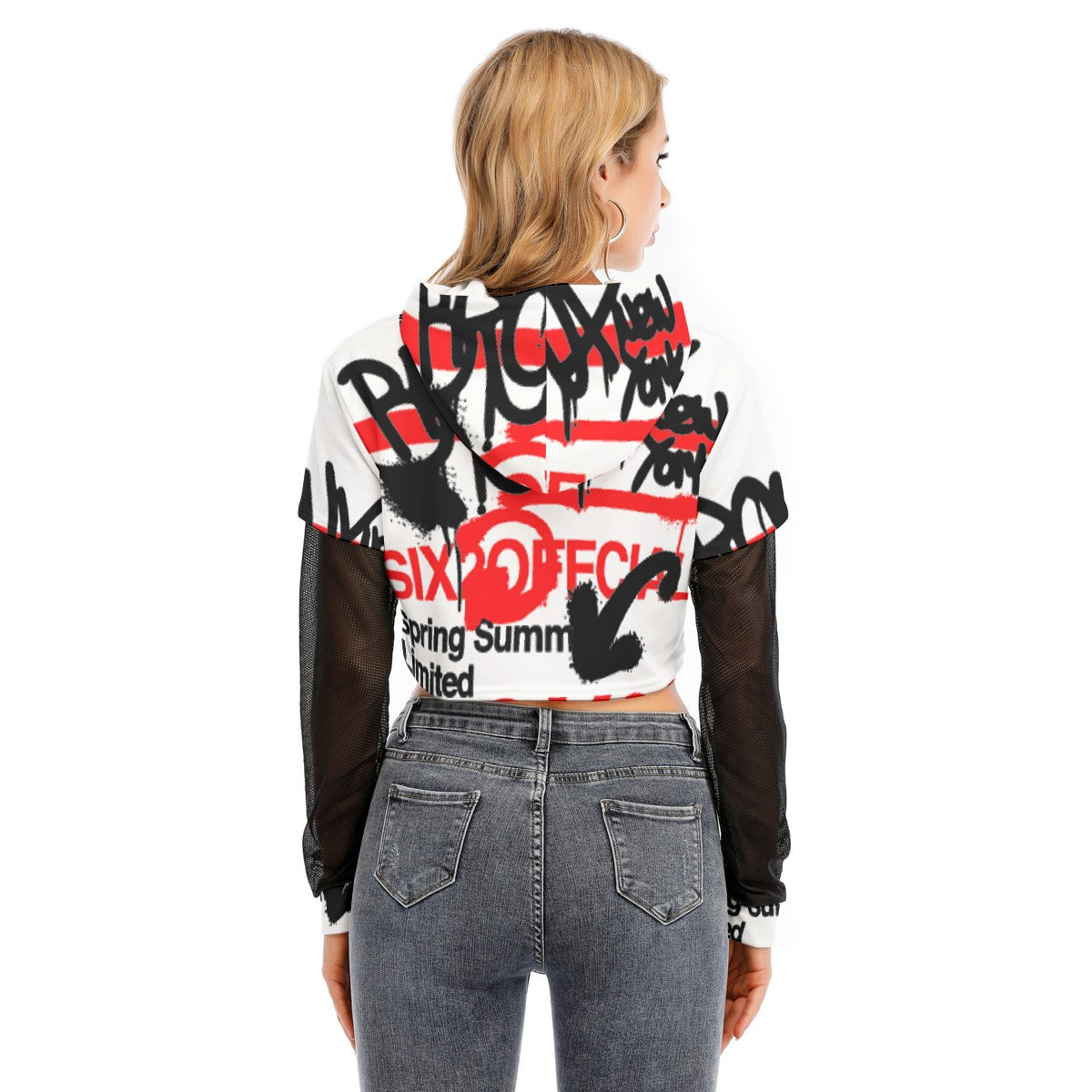 All-Over Print Women's Fake Two-piece Mesh Sleeve Cropped Hoodie