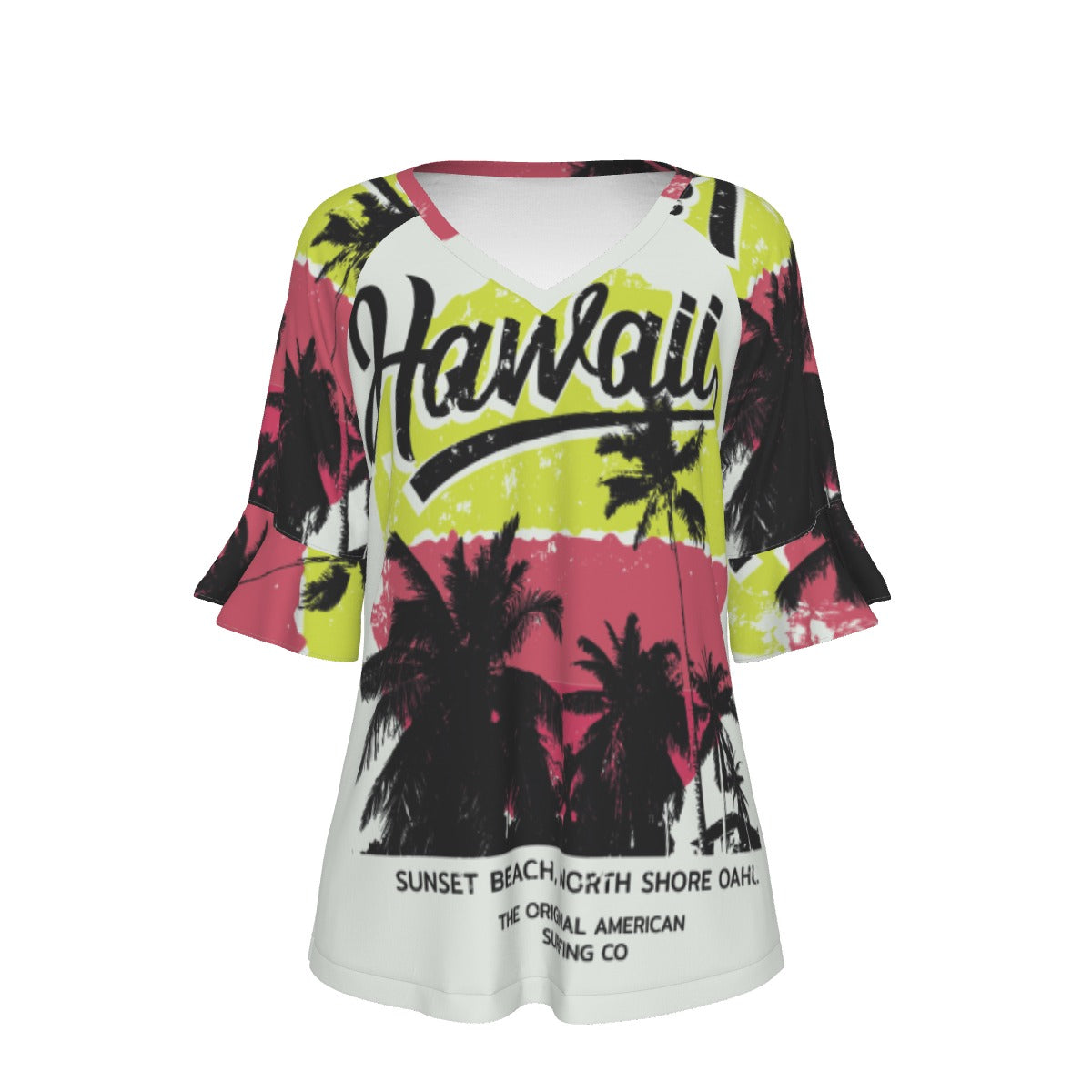 All-Over Print V-neck Women's T-shirt With Bell Sleeve