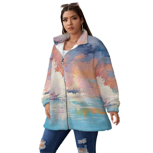 All-Over Print Unisex Borg Fleece Stand-up Collar Coat With Zipper Closure(Plus Size)