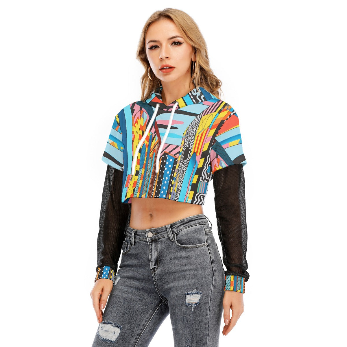 All-Over Print Women's Fake Two-piece Mesh Sleeve Cropped Hoodie