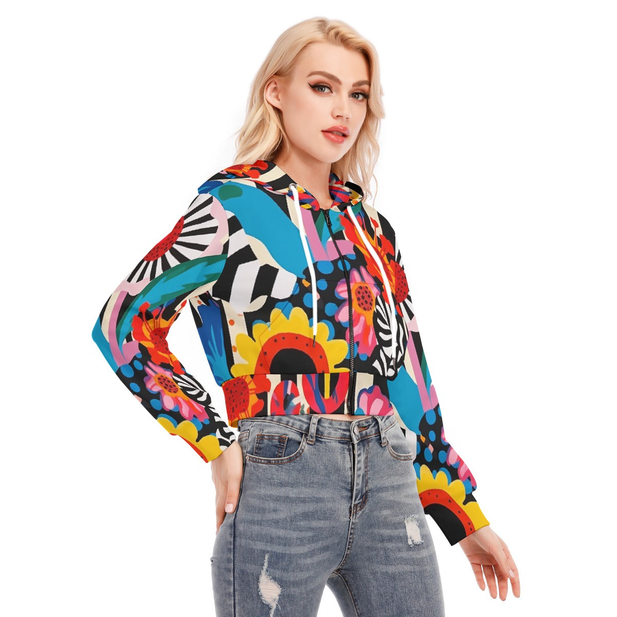 All-Over Print Women's Crop Top Hoodie With Zipper Closure