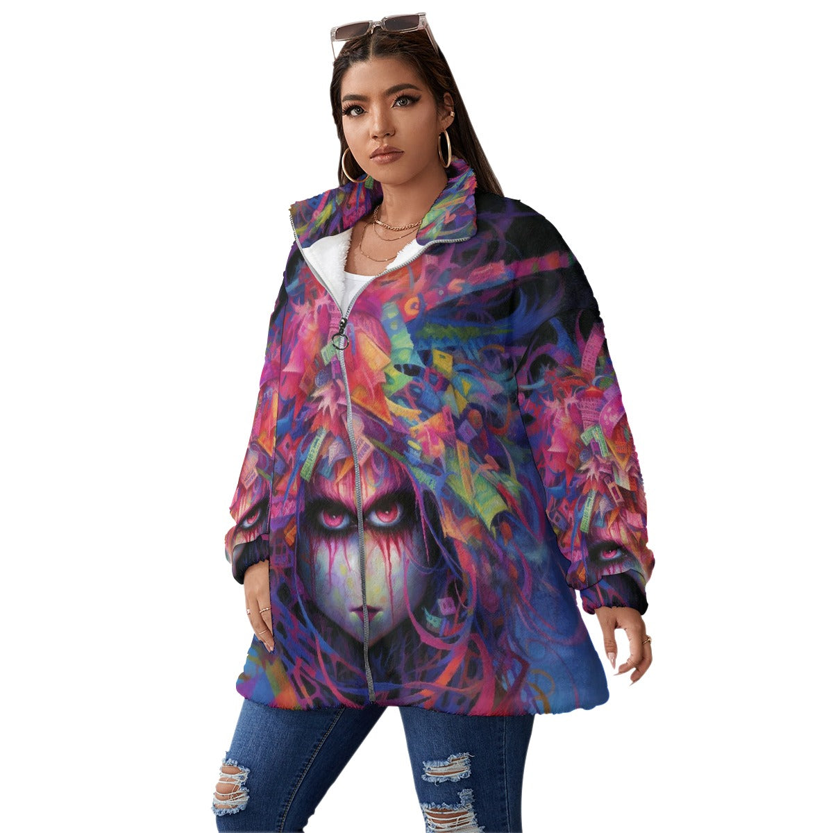 All-Over Print Unisex Borg Fleece Stand-up Collar Coat With Zipper Closure(Plus Size)