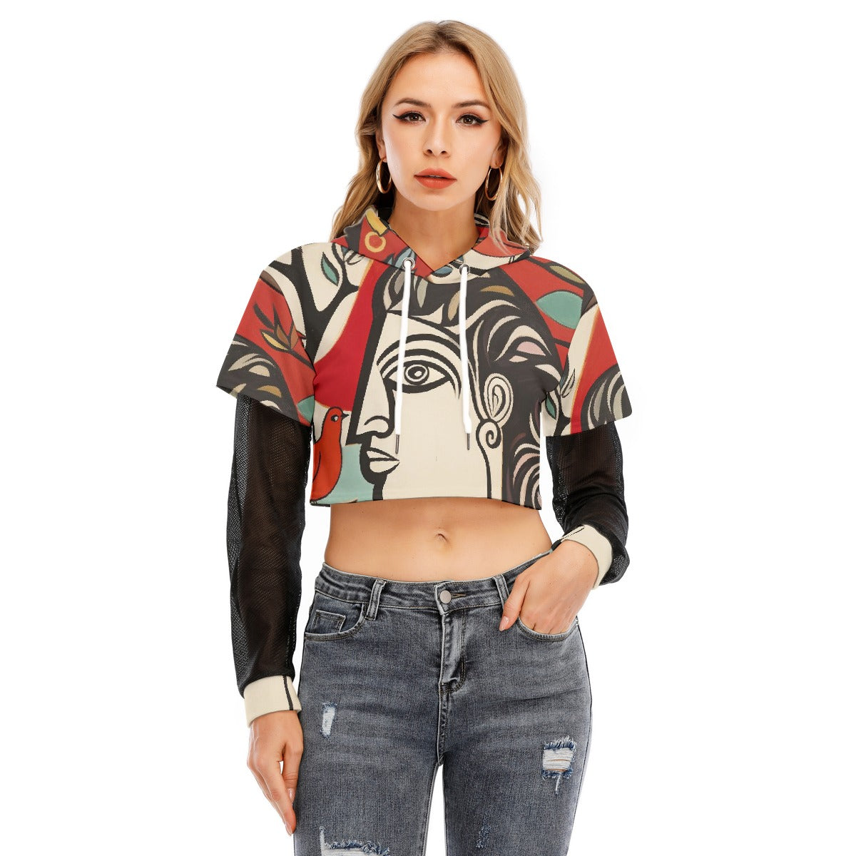 All-Over Print Women's Fake Two-piece Mesh Sleeve Cropped Hoodie