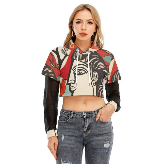 All-Over Print Women's Fake Two-piece Mesh Sleeve Cropped Hoodie