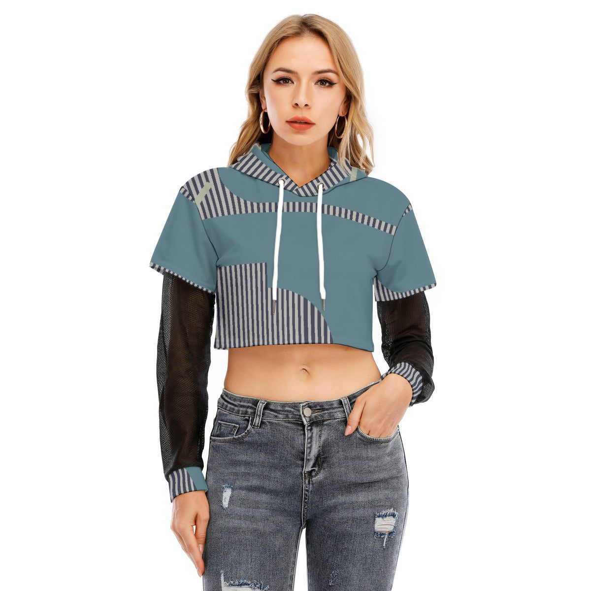 All-Over Print Women's Fake Two-piece Mesh Sleeve Cropped Hoodie