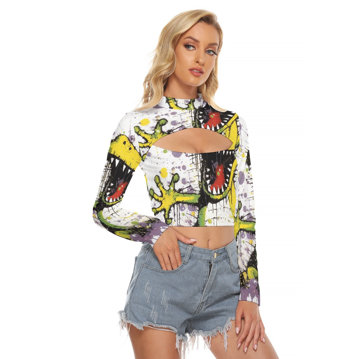 All-Over Print Women's Hollow Chest Keyhole Tight Crop Top
