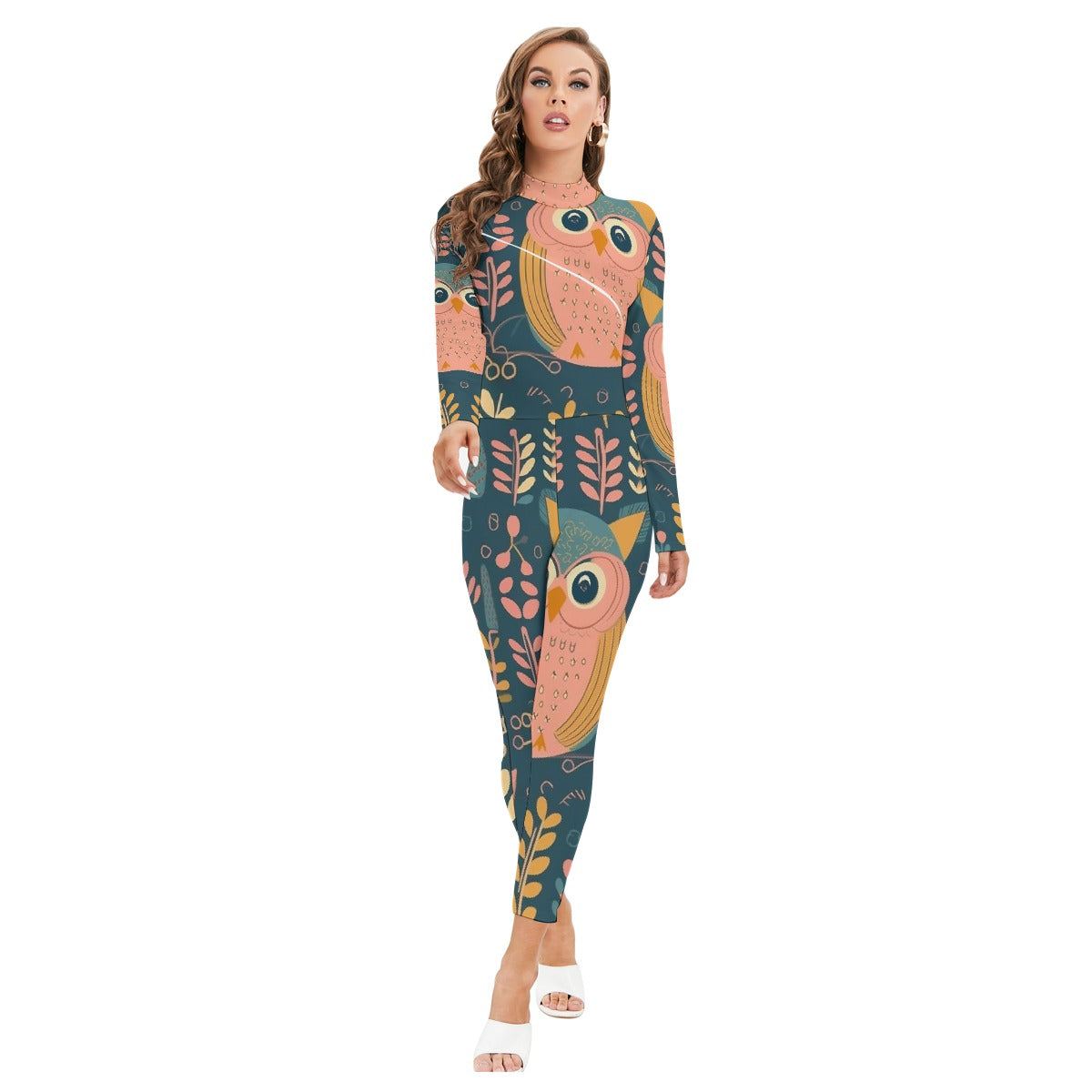 All-Over Print Women's Long-sleeved High-neck Jumpsuit With Zipper