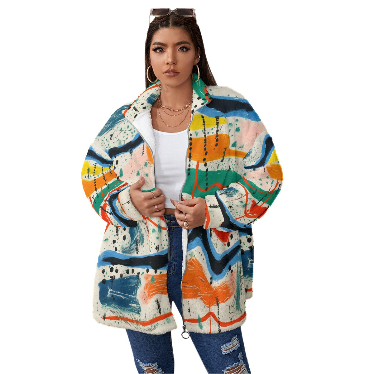 All-Over Print Unisex Borg Fleece Stand-up Collar Coat With Zipper Closure(Plus Size)