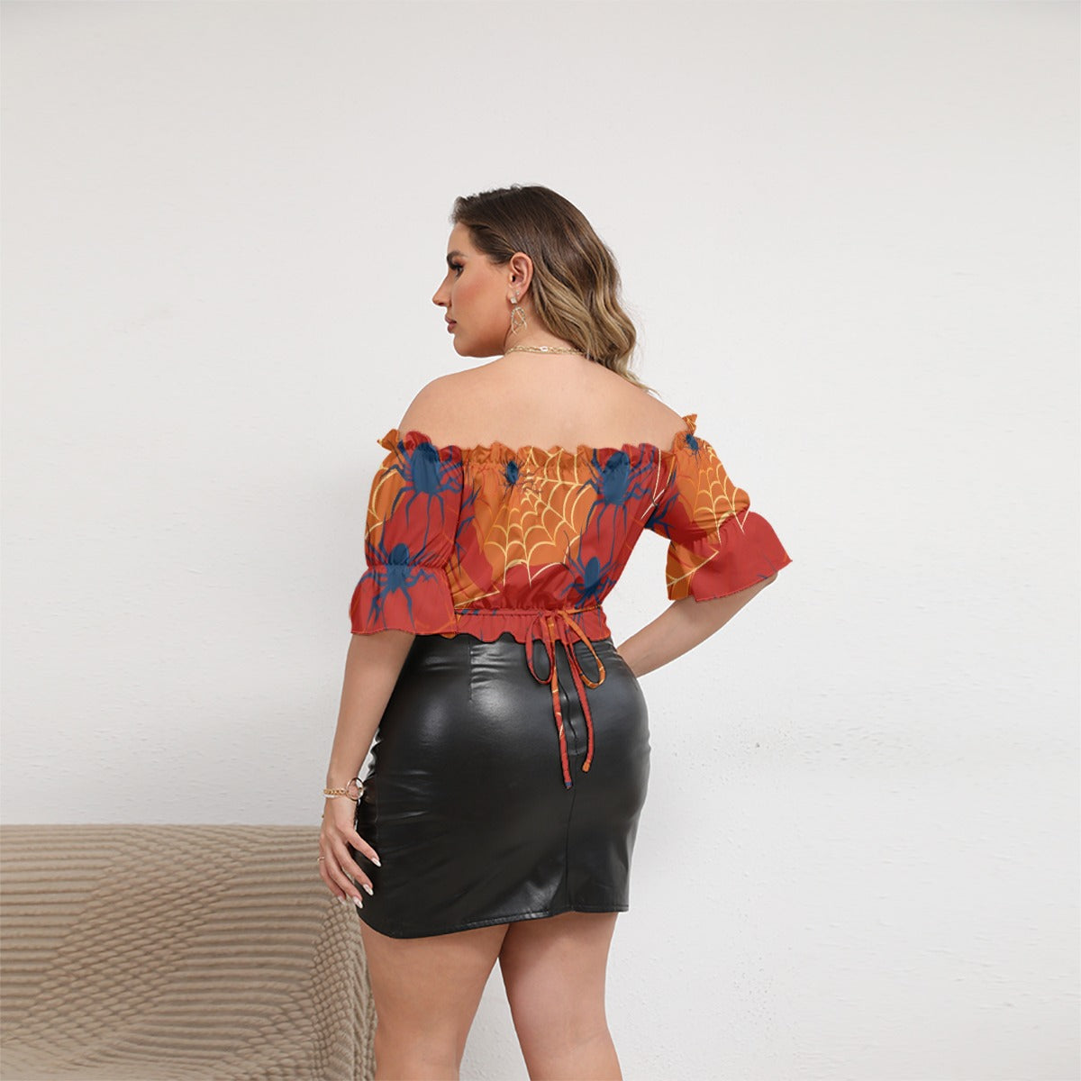 All-Over Print Women's Off-shoulder Cropped Top With Short Puff Sleeve