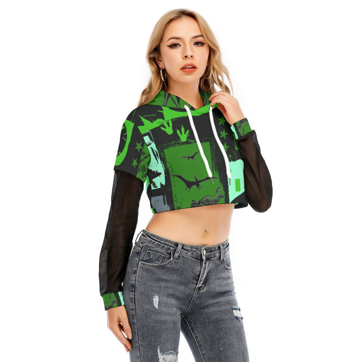 All-Over Print Women's Fake Two-piece Mesh Sleeve Cropped Hoodie
