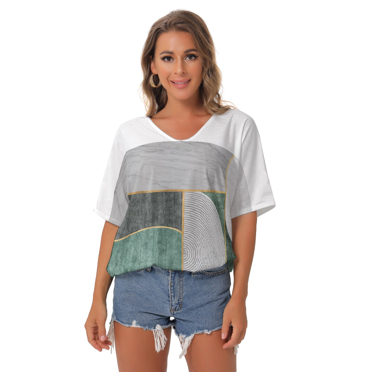 All-Over Print Women's Bat Sleeves V-Neck Blouse