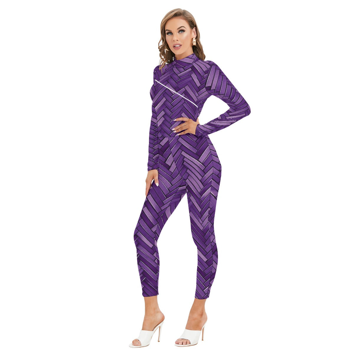All-Over Print Women's Long-sleeved High-neck Jumpsuit With Zipper