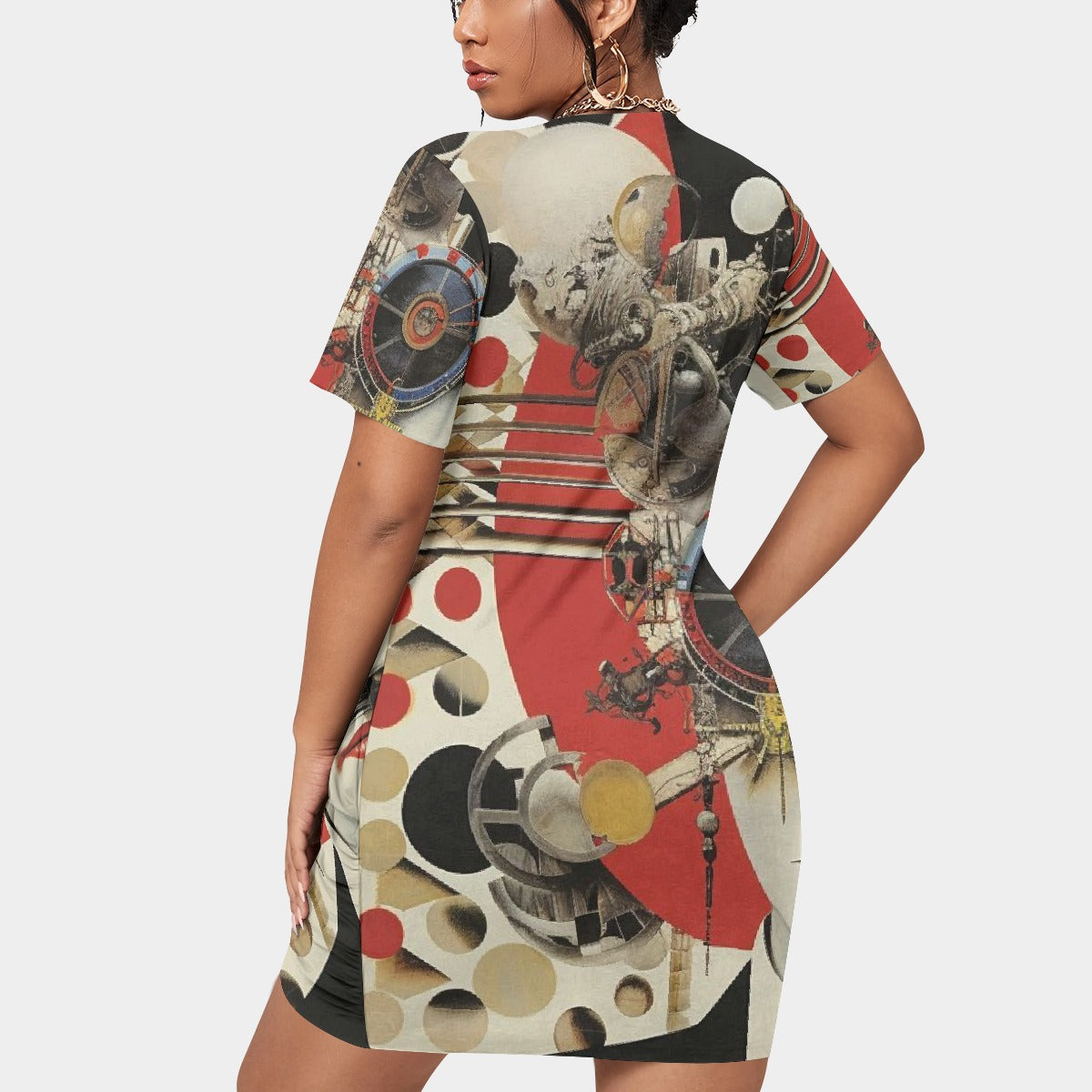 All-Over Print Women’s Stacked Hem Dress With Short Sleeve（Plus Size）