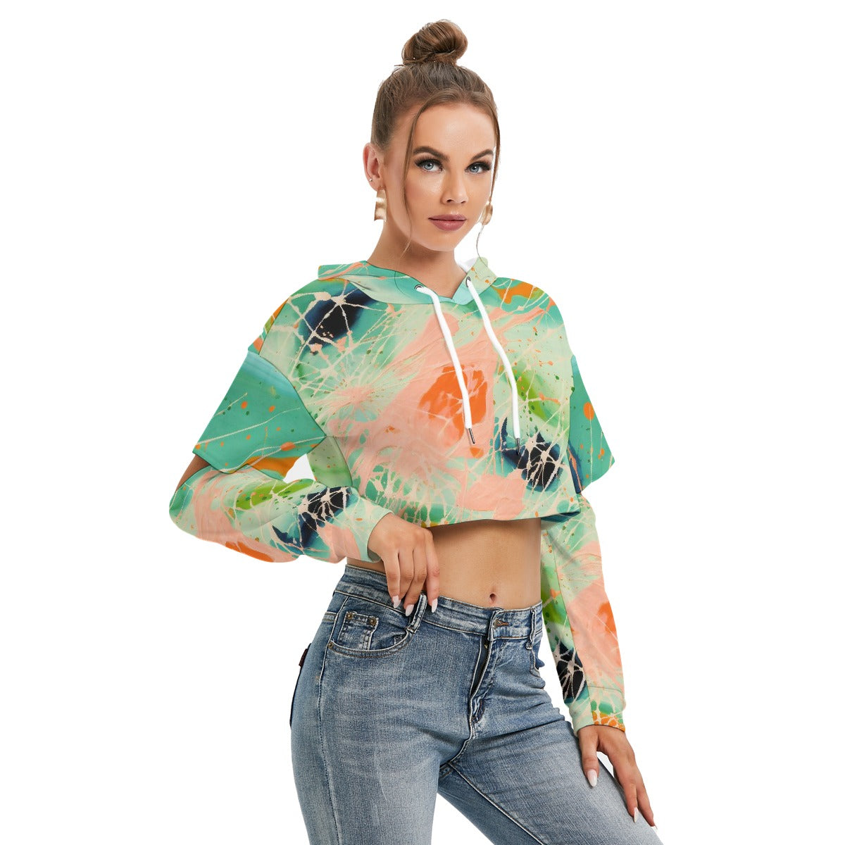 All-Over Print Women's Heavy Fleece Hoodie With Hollow Out Sleeve