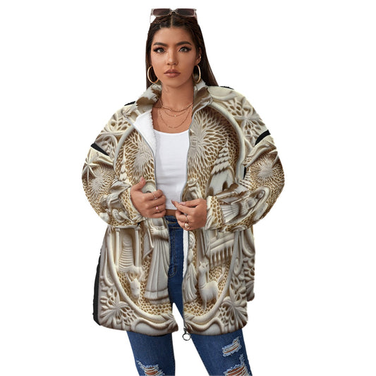 All-Over Print Unisex Borg Fleece Stand-up Collar Coat With Zipper Closure(Plus Size)