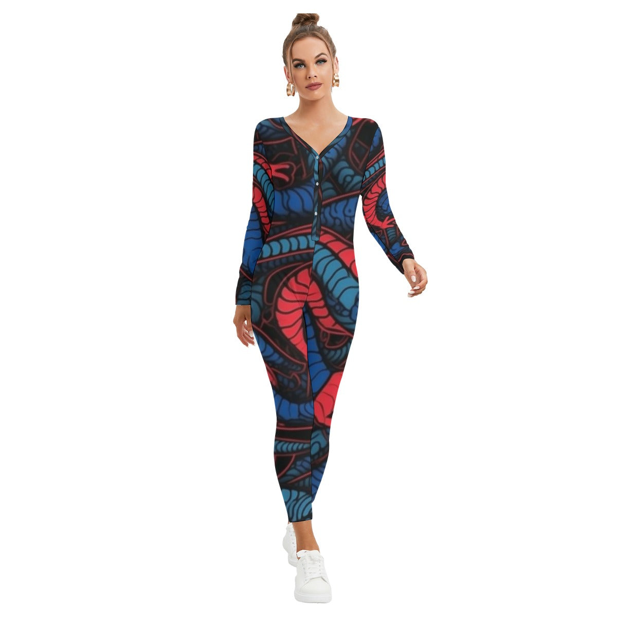 All-Over Print Women's Plunging Neck Jumpsuit