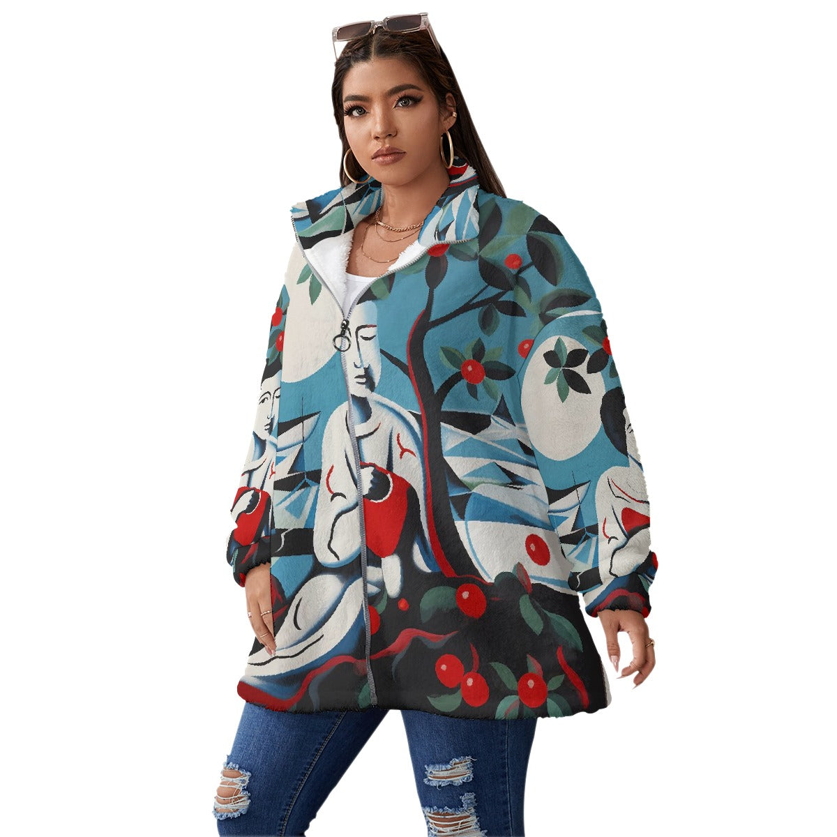 All-Over Print Unisex Borg Fleece Stand-up Collar Coat With Zipper Closure(Plus Size)