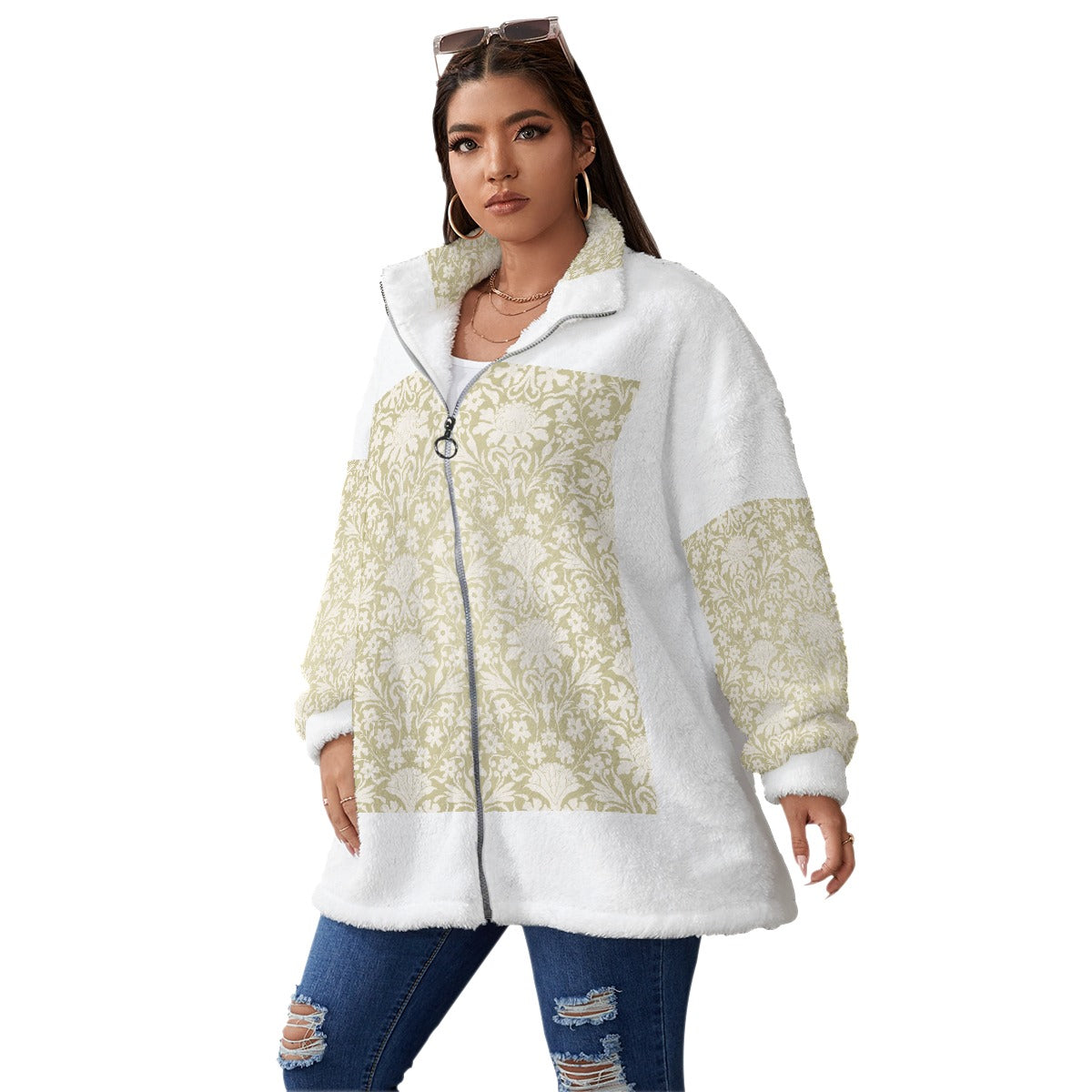 All-Over Print Unisex Borg Fleece Stand-up Collar Coat With Zipper Closure(Plus Size)