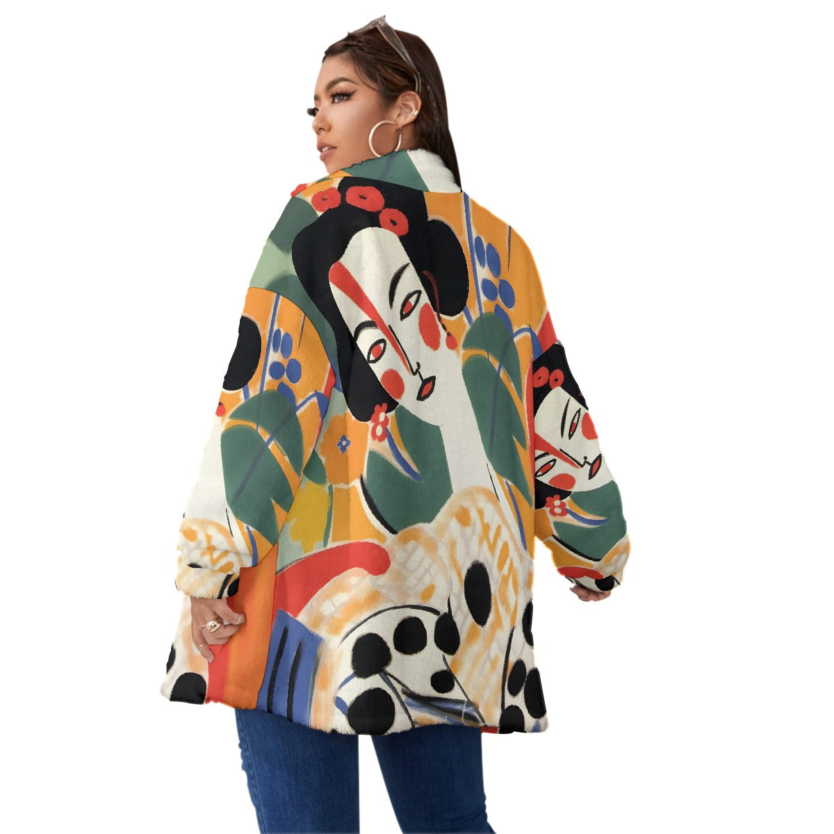 All-Over Print Unisex Borg Fleece Stand-up Collar Coat With Zipper Closure(Plus Size)