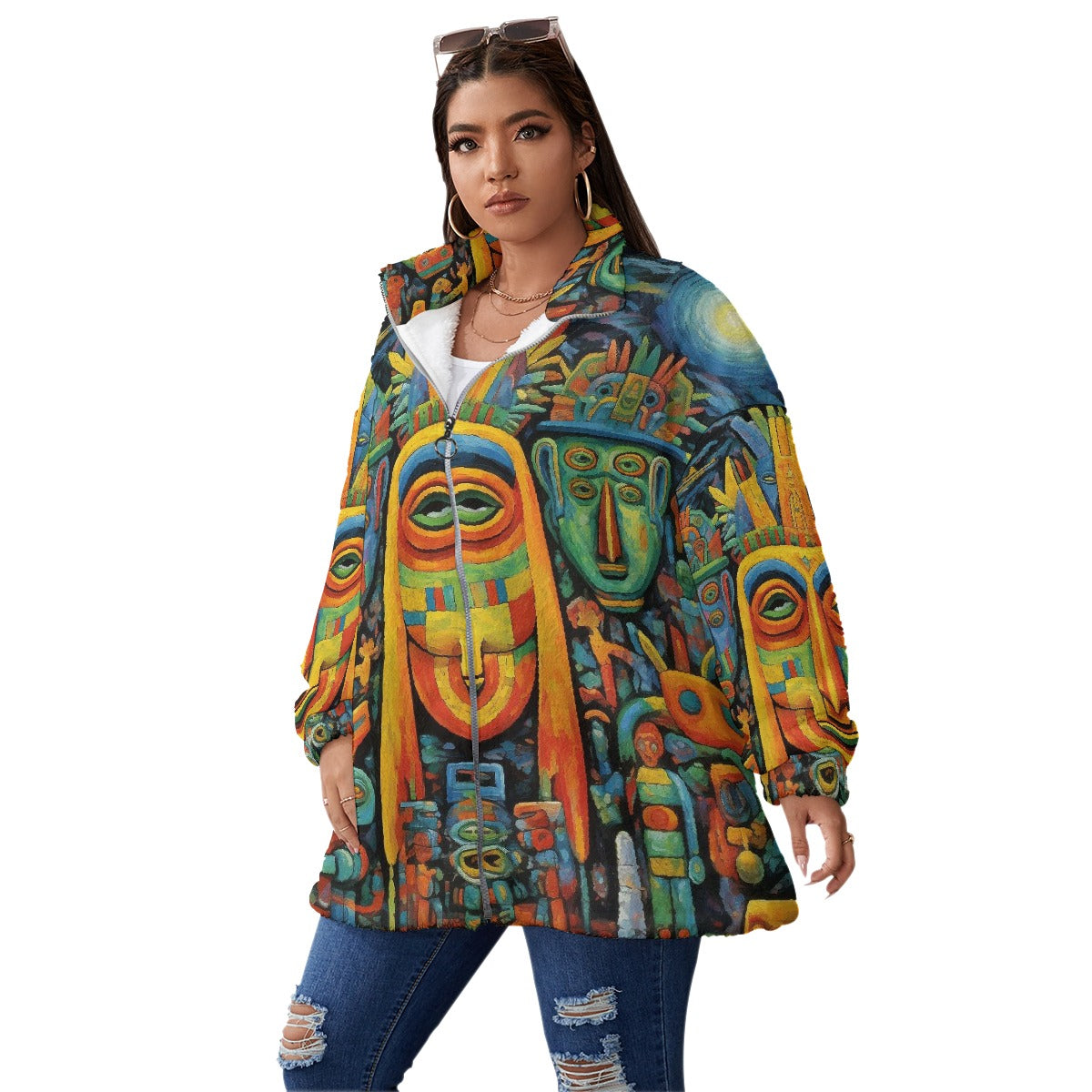 All-Over Print Unisex Borg Fleece Stand-up Collar Coat With Zipper Closure(Plus Size)