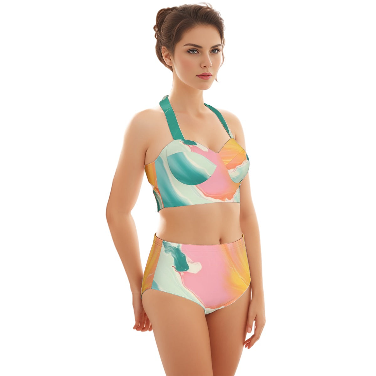 All-Over Print Women's Swimsuit Set With Halter