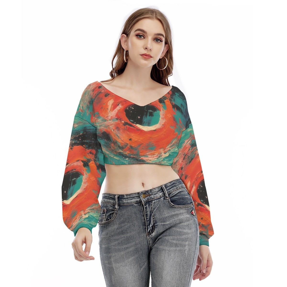 All-Over Print Women's V-neck Long Sleeve Cropped Sweatshirt