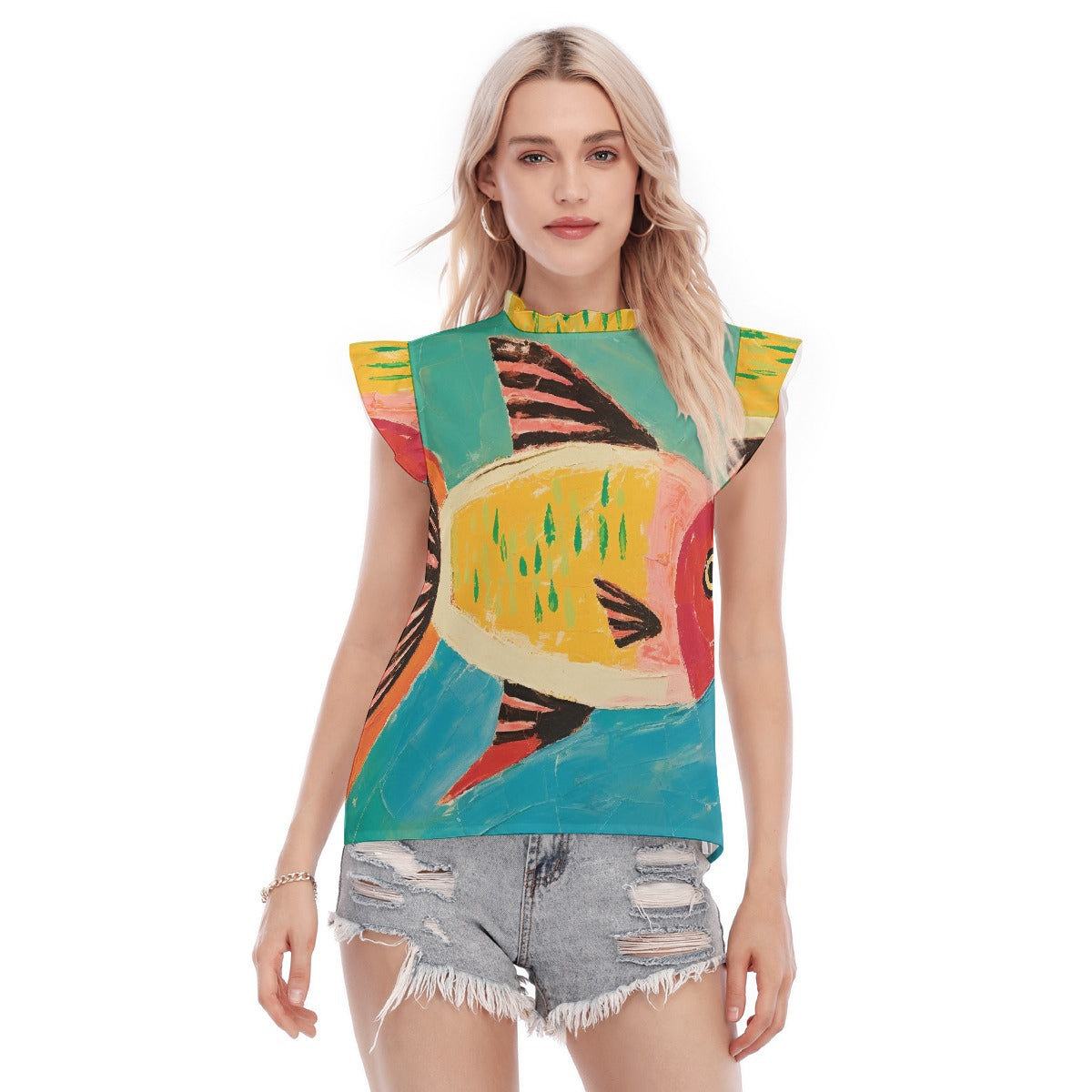 All-Over Print Women's Blouse With Ruffle Collar And Sleeve