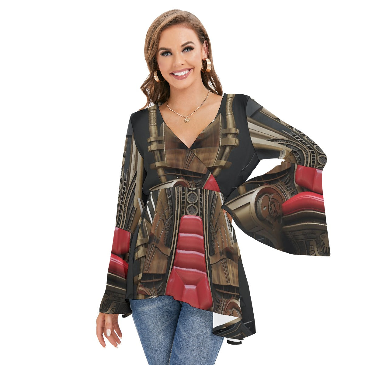 All-Over Print Women's V-neck Blouse With Flared Sleeves