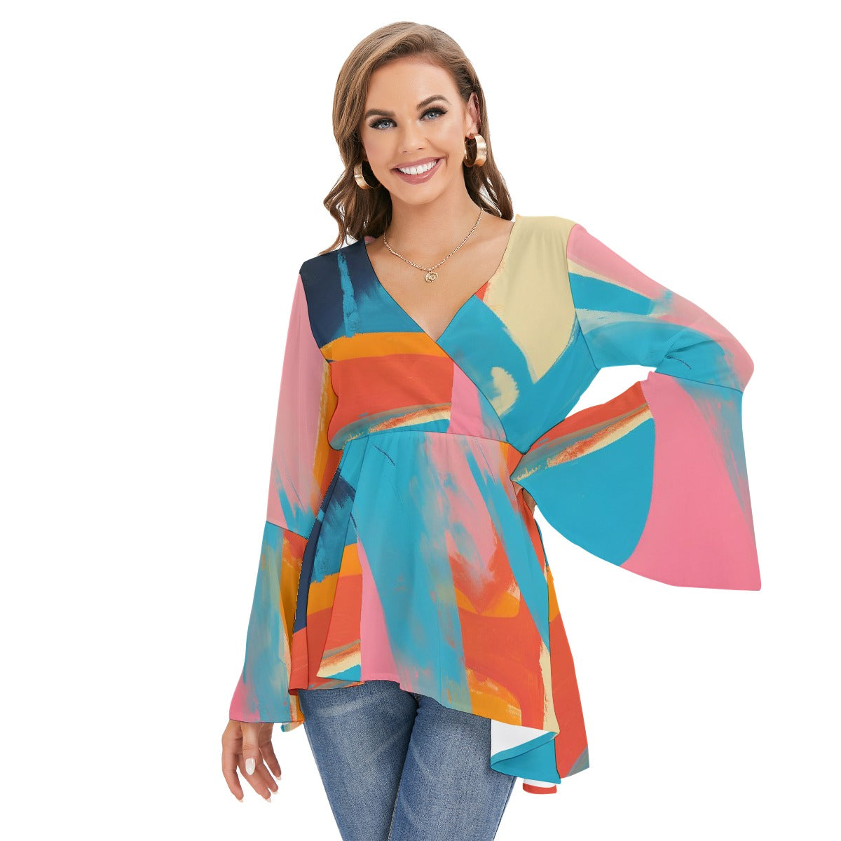 All-Over Print Women's V-neck Blouse With Flared Sleeves