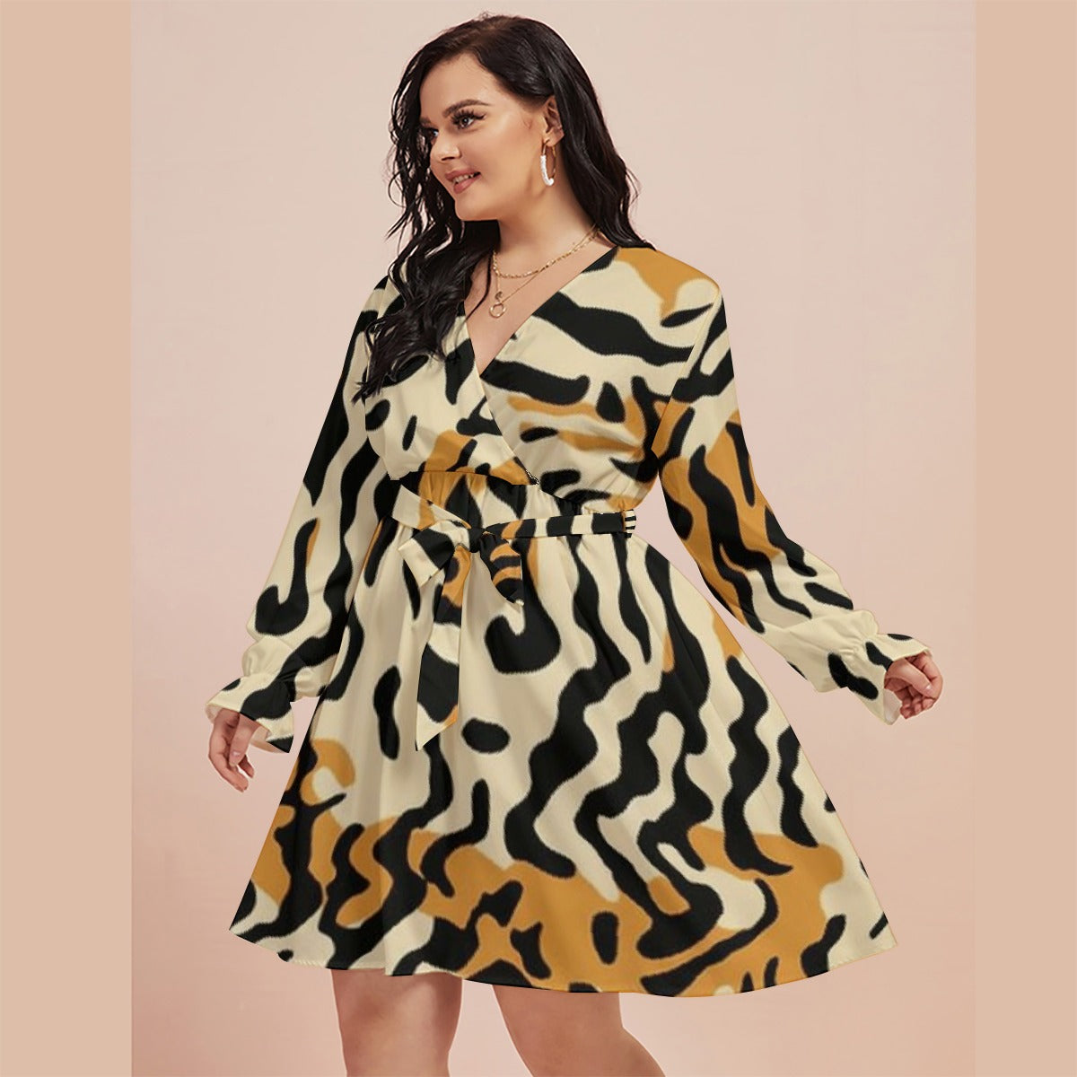 All-Over Print Women's V-neck Dress With Waistband(Plus Size)