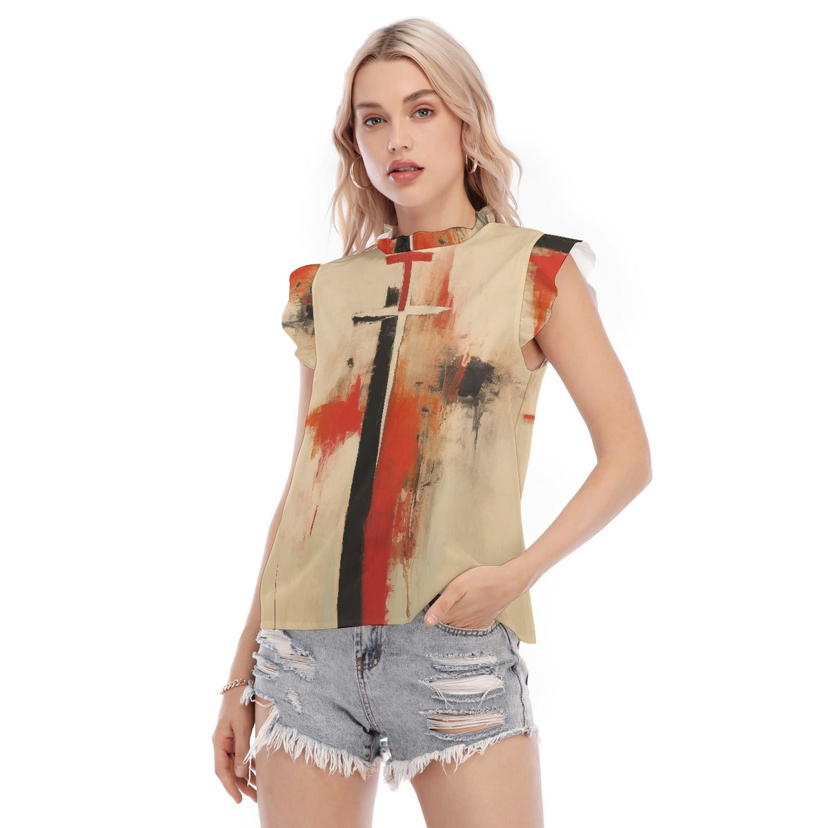 All-Over Print Women's Blouse With Ruffle Collar And Sleeve