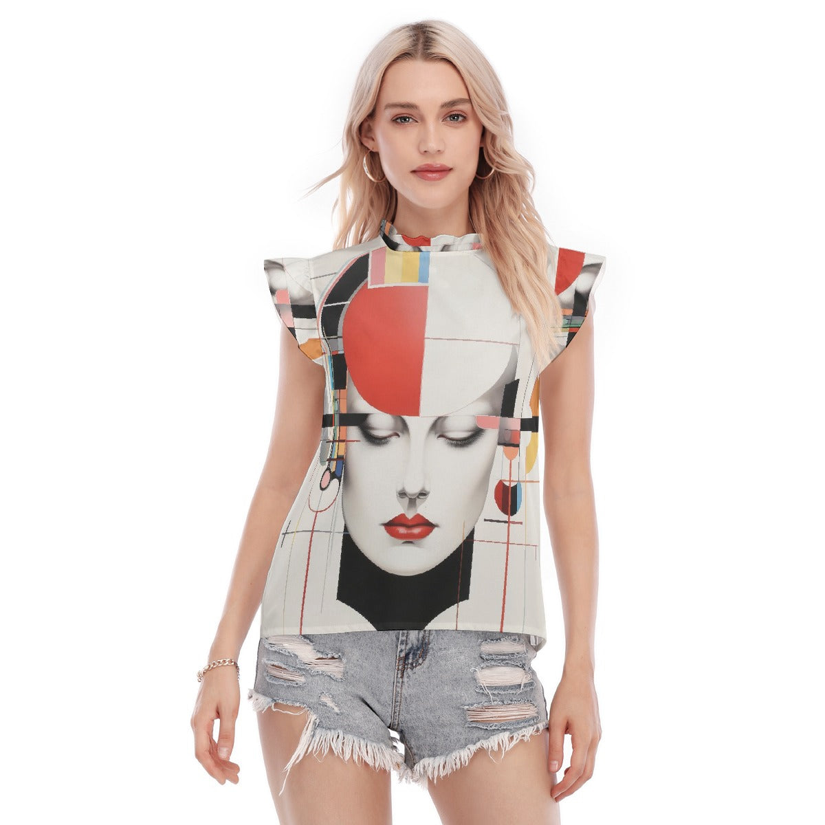 All-Over Print Women's Blouse With Ruffle Collar And Sleeve